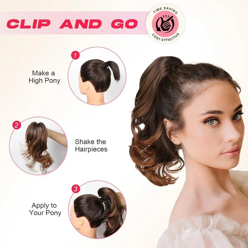 Ponytail Extension Vegan Fiber 14Wavy Layered Clip-In Hair Piece for Women